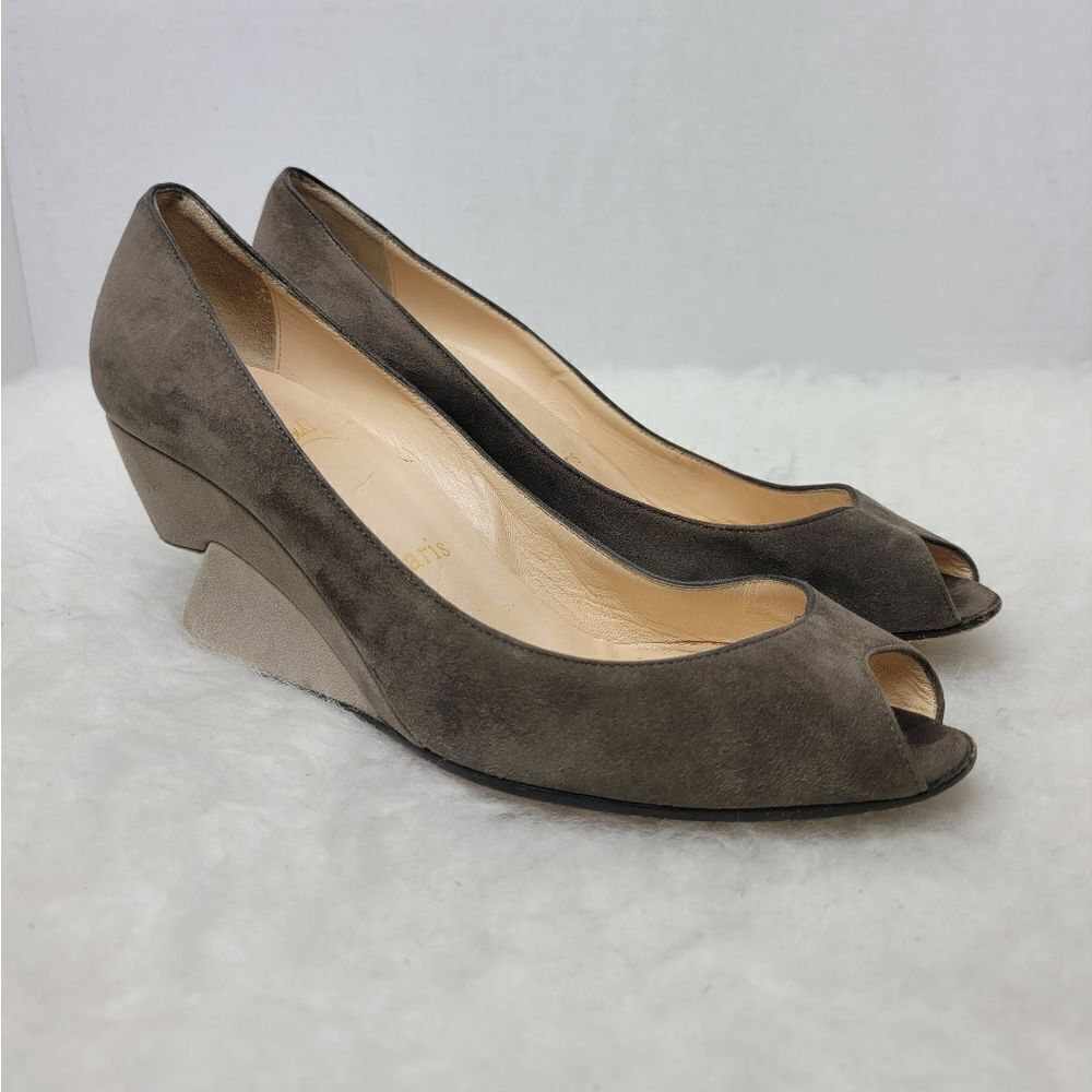 Christian Louboutin Brown Suede Wedge Sole Peep Toe Pumps Shoes Size 6 US